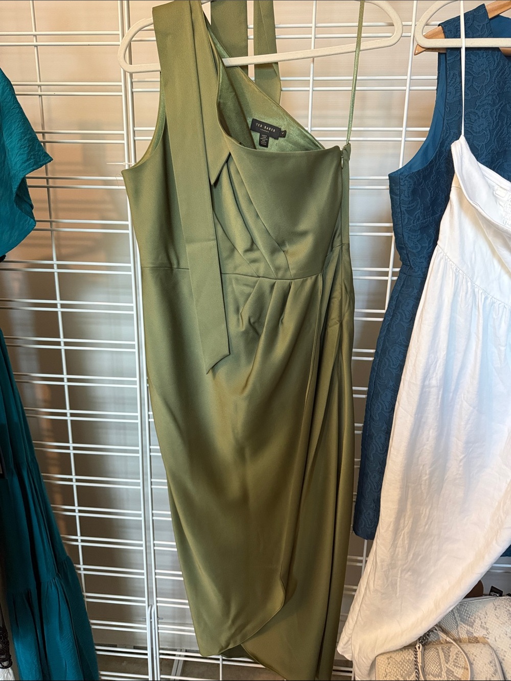 Ted Baker Olive Satin One-Shoulder Draped Dress